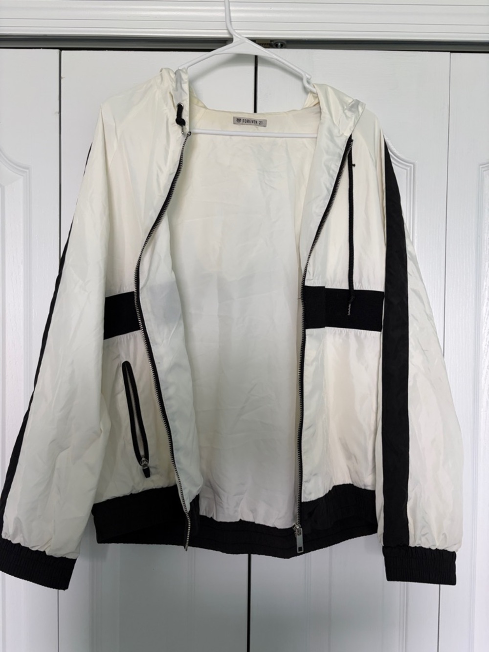 Forever 21 White and Black Hooded Bomber Jacket
